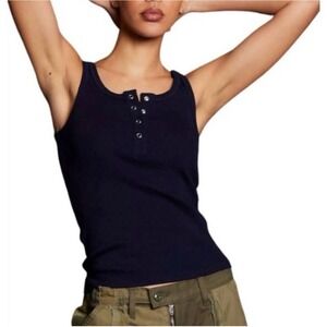 NSF Ribbed Henley Style Tank Top Navy Blue Cotton Blend Button Snap Medium